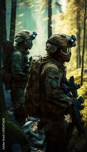 special forces commando soldiers navigating their way through a dense jungle environment. Clad in camouflage gear and armed with advanced weaponry. Generative ai © BigMindOutfit