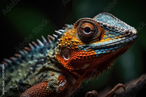 Close up of a lizard portrait standing on a branch. Generative AI