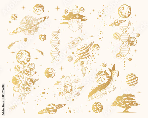 Golden celestial space compositions isolated set. Hand drawn vector illustration of mystical planets, stars, whales and trees for poster and greening card.