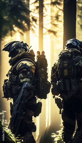 special forces commando soldiers navigating their way through a dense jungle environment. Clad in camouflage gear and armed with advanced weaponry. Generative ai photo