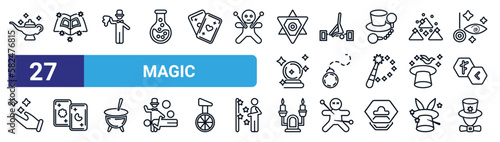 set of 27 thin line magic icons such as magic lamp, magic book, handkerchief, acrobatic, fetters, tarot, candelabra, assistant vector icons for mobile app, web design.