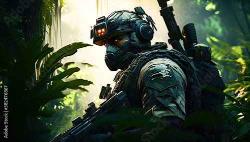 special forces commando soldiers navigating their way through a dense jungle environment. Clad in camouflage gear and armed with advanced weaponry. Generative ai photo