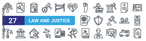 set of 27 thin line law and justice icons such as international law, documents, policy, inheritance law, defense, and justice, constitutional contract vector icons for mobile app, web design. photo
