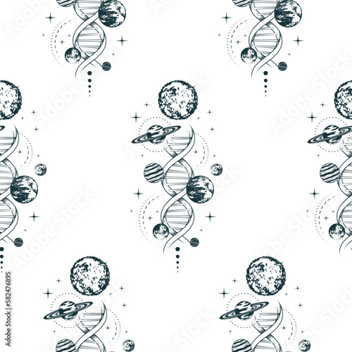  Celestial planets, moon, stars and dna. Hand drawn mystical seamless pattern. Vector illustration for background, textile, texture and wrapping paper.