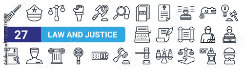 set of 27 thin line law and justice icons such as butterfly knife, police cap, adminstrative law, death certificate, law paper, prisioner, veredict, vector icons for mobile app, web design.