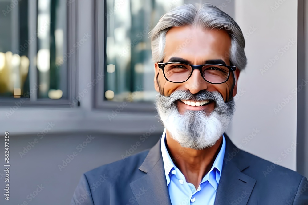 Portrait of successful smiling gray-haired businessman in suit closeup mature with beard and eyeglasses banker investor smiling and looking at camera from boss office building exterior. Ai generative Portrait of successful smiling gray-haired businessman in suit closeup mature with beard and eyeglasses banker investor smiling and looking at camera from boss office building exterior. Ai generative