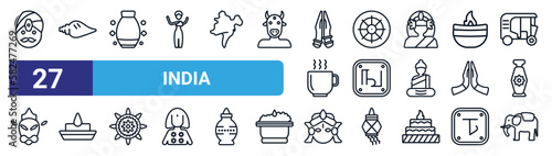 set of 27 thin line india icons such as indian man, biju janata dal, yakshagana, ashoka, tamil language, dung, durga puja, indian elephant vector icons for mobile app, web design.