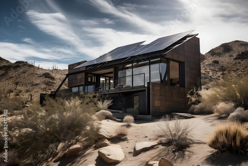 Revolutionizing Sustainable Living: A Captivating Photography of a Modern House with Solar Panels, Paving the Way for Eco-Friendly Homes Generative Ai © aprilian