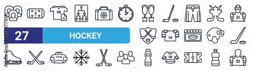 set of 27 thin line hockey icons such as visitors, ice court, commerce, hockey stick, armour, graph bar, drink, bowman vector icons for mobile app, web design.