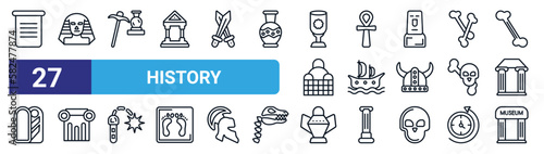 set of 27 thin line history icons such as paper, sphinx, guide, egypt, viking ship, pillars, ancient jar, museum vector icons for mobile app, web design.