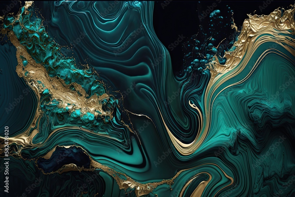 A Modern Fluid Art Work: Turquoise and Blue Abstract Waves with Golden Malachite Pattern on Velvet Black Background: Generative AI