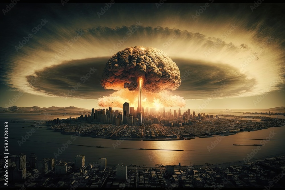 Apocalyptic Destruction: Devastating Nuclear Explosion Over San Francisco Cityscape: Generative AI - obrazy, fototapety, plakaty 