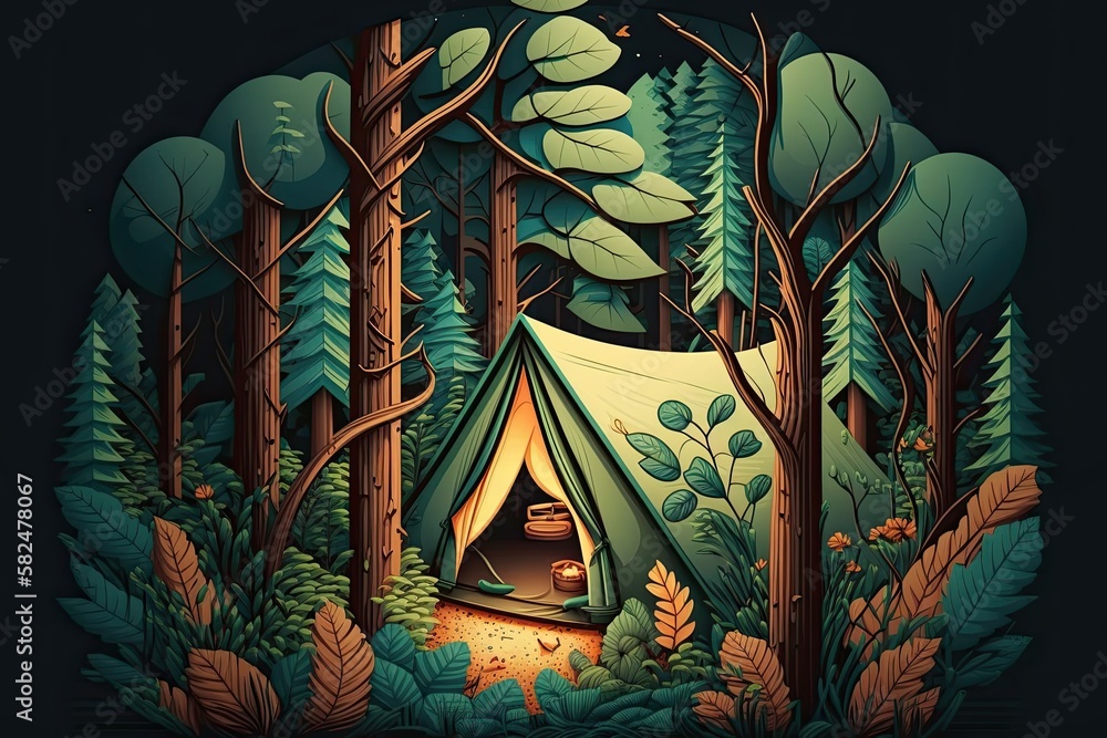 Camping in the Wilderness: Summer Adventure Among the Trees in a Forest Park: Generative AI