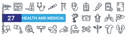set of 27 thin line health and medical icons such as stretcher, electrocardiogram, ampoule, medical report, medical mask, syrup, surgery, urology vector icons for mobile app, web design.