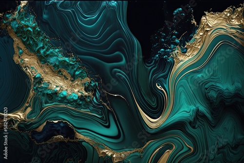 A Modern Fluid Art Work: Turquoise and Blue Abstract Waves with Golden Malachite Pattern on Velvet Black Background: Generative AI