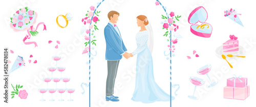 Marriage ceremony, wedding day, bride and groom holding hands. Cake, bridal rings,  wedding gifts, glasses of champagne,  color vector illustration 