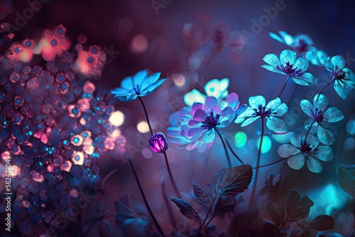 A Nighttime Floral Haven: Enchanting Blossoms and a Magical Bokeh Background, Generative AI