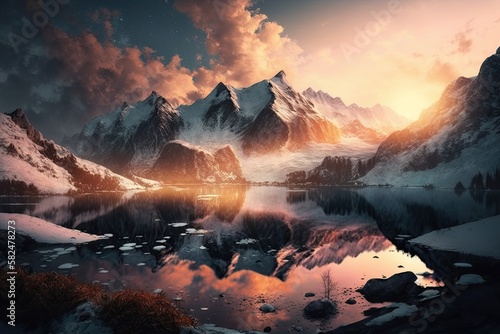 Spectacular Winter View of a Lake Surrounded by Snowy Mountains - Perfect for a Travel Adventure: Generative AI © AIGen