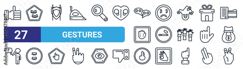 set of 27 thin line gestures icons such as thumb finger up, eyelashes, warrior with sword and shield, sad face, give up smoking, eyelash, drag down, two fingers up vector icons for mobile app, web