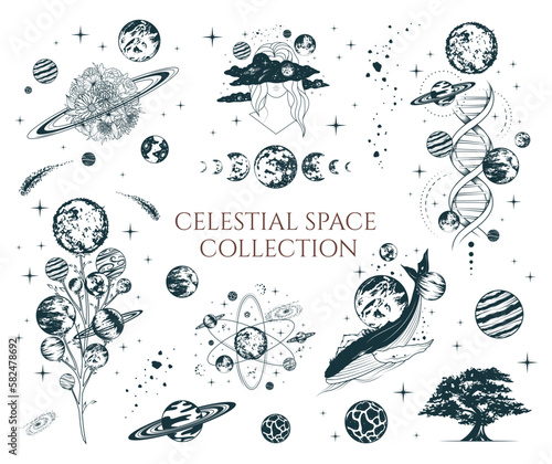 Celestial space collection. Hand drawn  set of mystical planets, stars, whales and trees for poster, greening card and tattoo. Vector illustration isolated on white background.