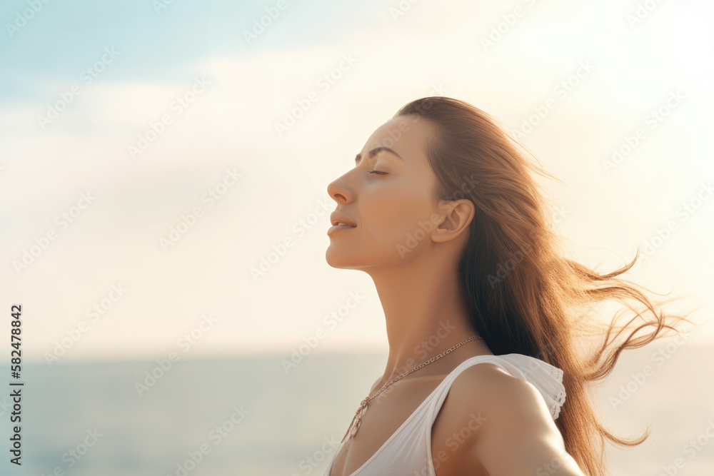 Woman breathing at sea , Generative Ai