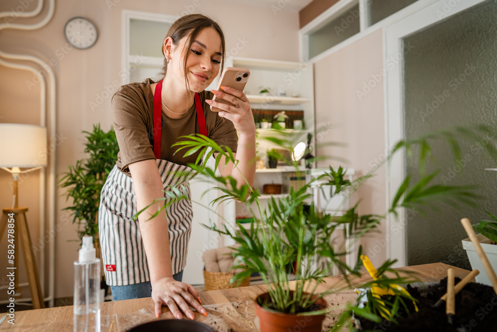 woman gardener florist take care grow cultivate plants at home woman gardener florist take care grow cultivate plants at home