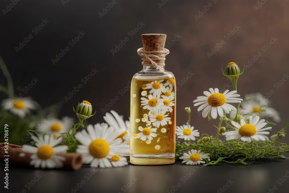 Essential oil in glass bottle with fresh chamomile flowers, Generative Ai Essential oil in glass bottle with fresh chamomile flowers, Generative Ai