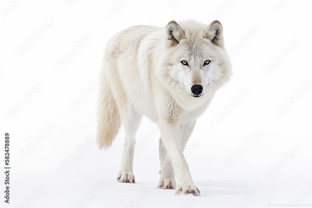 Arctic wolf image isolated on white background strolling in winter snow in Canada, gazing directly at the camera. Generative AI Arctic wolf image isolated on white background strolling in winter snow in Canada, gazing directly at the camera. Generative AI