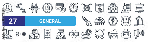 set of 27 thin line general icons such as hr strategy, direct marketing, coworking, 3d printing, credit rating, implementation, data engineering, agitation vector icons for mobile app, web design.