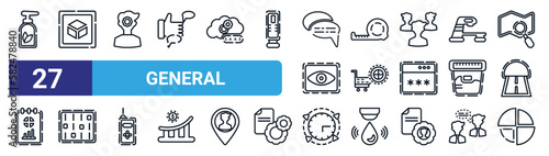 set of 27 thin line general icons such as massage oil, model preparation, user behavior, tape measure, procurement, sound control, real time data, market share vector icons for mobile app, web