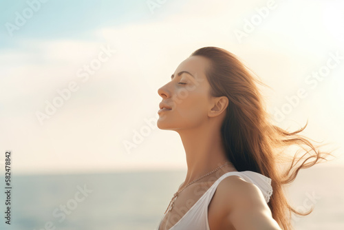 Woman breathing at sea , Generative Ai © iDoPixBox