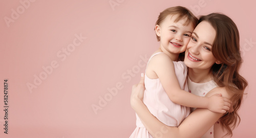 Mother and kid on pink background , Generative Ai