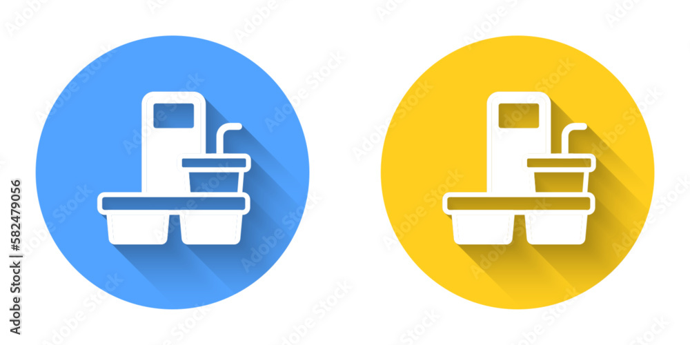 White Coffee cup to go icon isolated with long shadow background. Circle button. Vector White Coffee cup to go icon isolated with long shadow background. Circle button. Vector