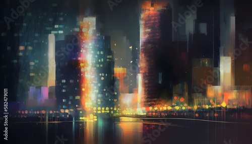 Abstract digital painting of urban skyscrapers at night 