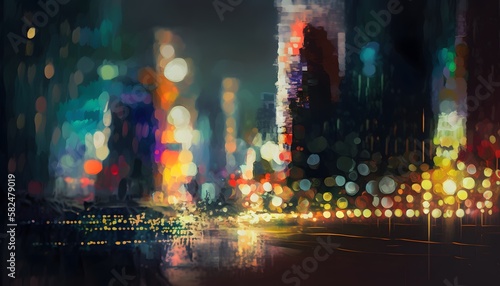 Abstract digital painting of urban skyscrapers at night 