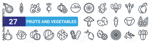 set of 27 thin line fruits and vegetables icons such as guava, zucchini, blueberry, ginger, potatoes, cabbage, lemon, spinach vector icons for mobile app, web design.