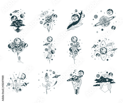 Celestial space compositions isolated set. 12 hand drawn vector illustrations of mystical planets, galaxy, stars, whales and trees for poster, tattoo and greening card.