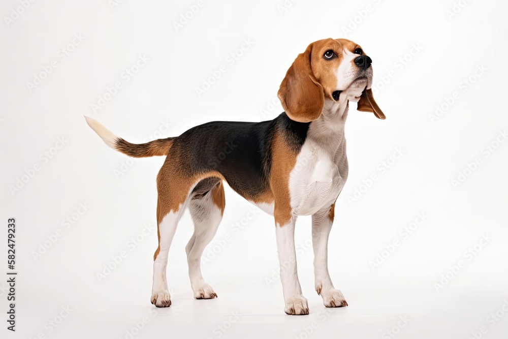 Standing adult beagle dog on a white background. Generative AI