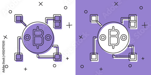Set Blockchain technology Bitcoin icon isolated on white and purple background. Abstract geometric block chain network technology business. Vector