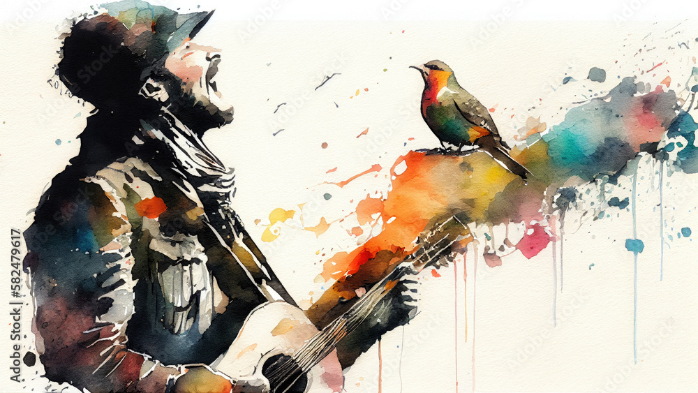 Singer playing guitar with bird - By Generative AI 