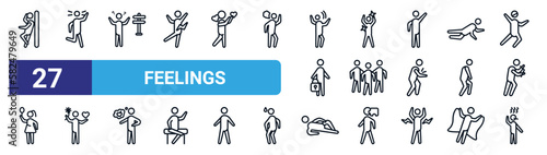 set of 27 thin line feelings icons such as lazy human, amused human, lost human, amazed content loved relaxed sick vector icons for mobile app, web design.