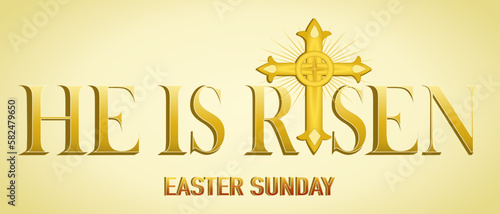 He is risen, Easter Sunday. Christian word with golden cross religion symbol element design banner.