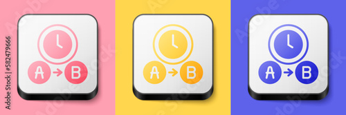 Isometric Taxi waiting time icon isolated on pink, yellow and blue background. Car deadline, schedule ride. Square button. Vector