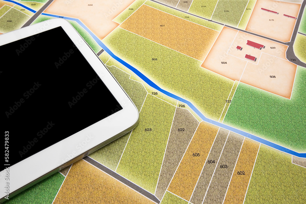 Buildings Permit concept with rural cadastral map and General Urban ...