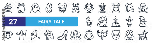 set of 27 thin line fairy tale icons such as elf, cauldron, fairy godmother, caribbean, griffin, wizard, toad, centaur vector icons for mobile app, web design.