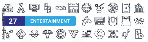 set of 27 thin line entertainment icons such as mall, lightsaber, pc game, magic cards, crystal, chess, roller coaster, poker vector icons for mobile app, web design.