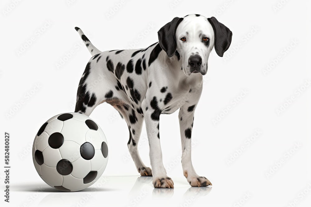 a white background with a dog and a ball. Isolated. Generative AI