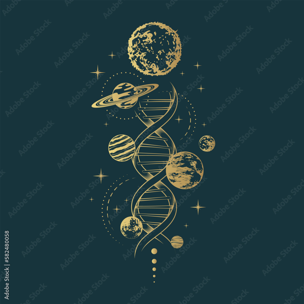 Golden celestial space composition with planets, stars and dna. Mystical hand drawn vector illustration isolated on black background for greeting card and poster. - obrazy, fototapety, plakaty 