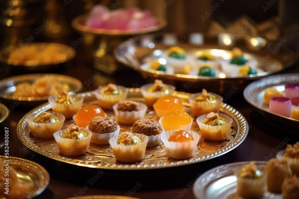 Tiny plates of persian and arabic food, tajines, pastries, jelly, loukoum, baklavas, mint and
