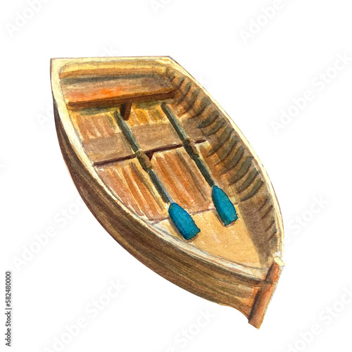 Watercolor wooden boat retro illustration. Travel set © Ekaterina